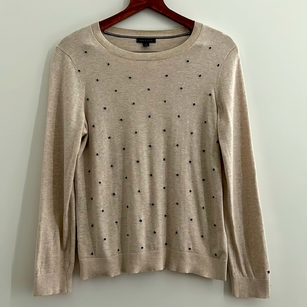 Tommy Hilfiger Cream Black Polka Dot Long Sleeved Scoop Neck Cotton Sweater